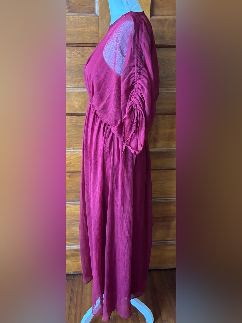 Sheer Overlay Waist-Defined Maxi Dress - Burgundy - Picture 3 of 8